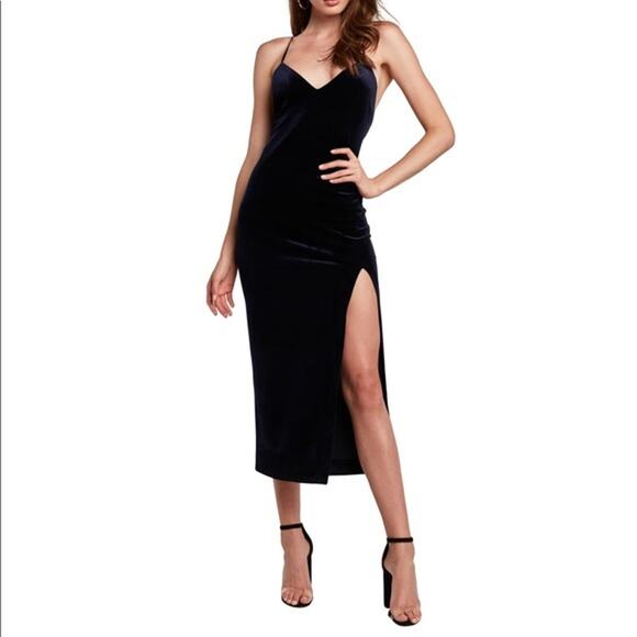 Bardot Raven Velvet Midi Slip Dress Black Side Slit Open Back Cross Straps 4 XS - Picture 1 of 8